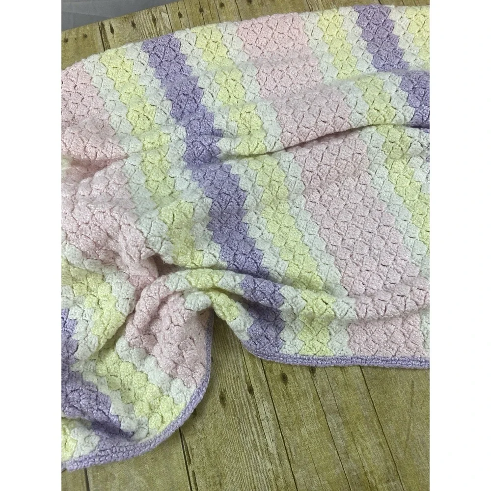 Handmade‎ Knit Pink Purple Yellow Blanket 55